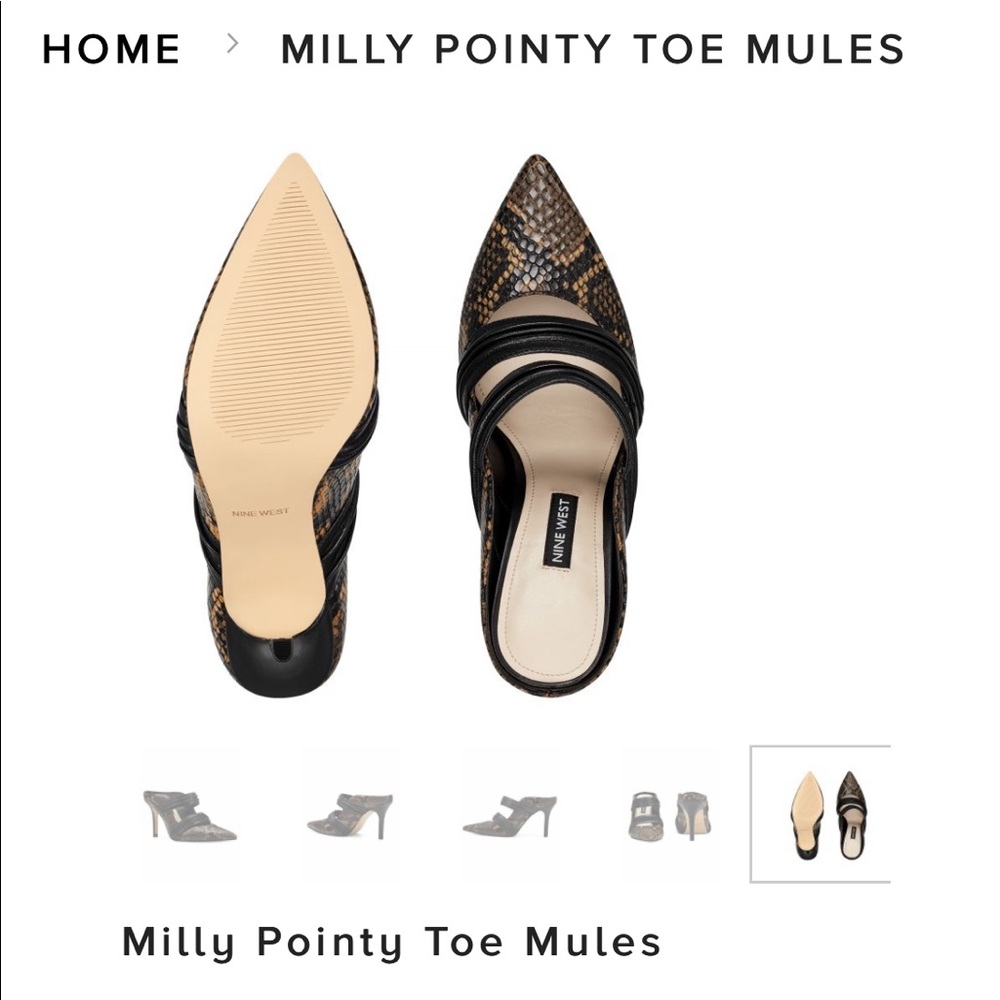 Snake print pointy toe leather mules